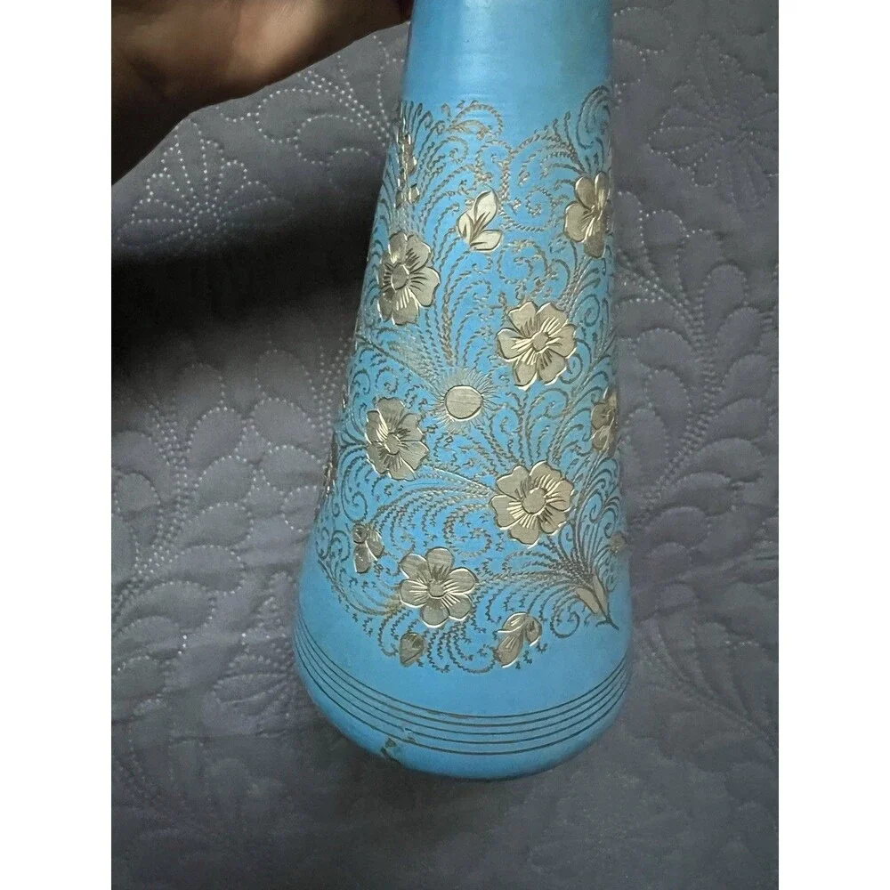 VTG Kashmiri Blue Enamel Brass Vase Hand-Etched Gold Floral Design Home Accent
